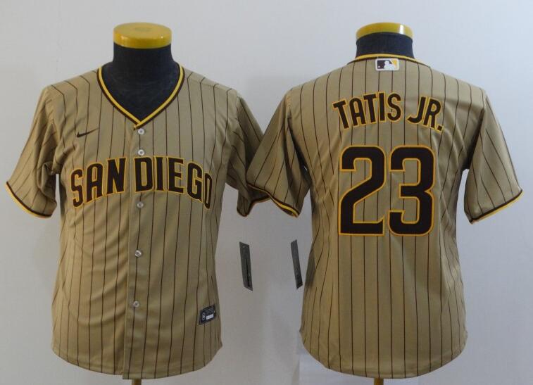 Youth San Diego Padres 23 Tatis jr Light Brown stripe Game 2021 Nike MLB Jersey